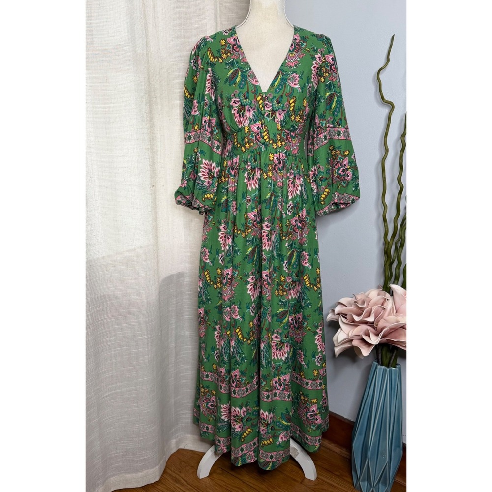 Boden Lola Blouson Maxi Dress Floral Paisley Green Linen Cotton Women's 4 US